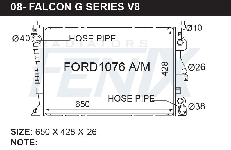 Ford FG Falcon V8 Radiator (With Internal Oil Cooler). — Fenix Radiators
